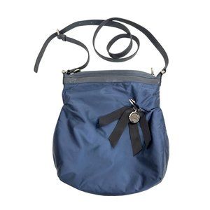 Henri Bendel Women’s Blue Crossbody Bag Bow Charm Adjustable Grey Strap Top Zip